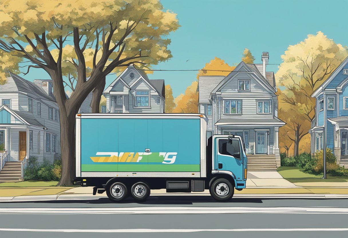 A moving truck driving through a suburban neighborhood, passing by houses and trees, with a clear blue sky in the background