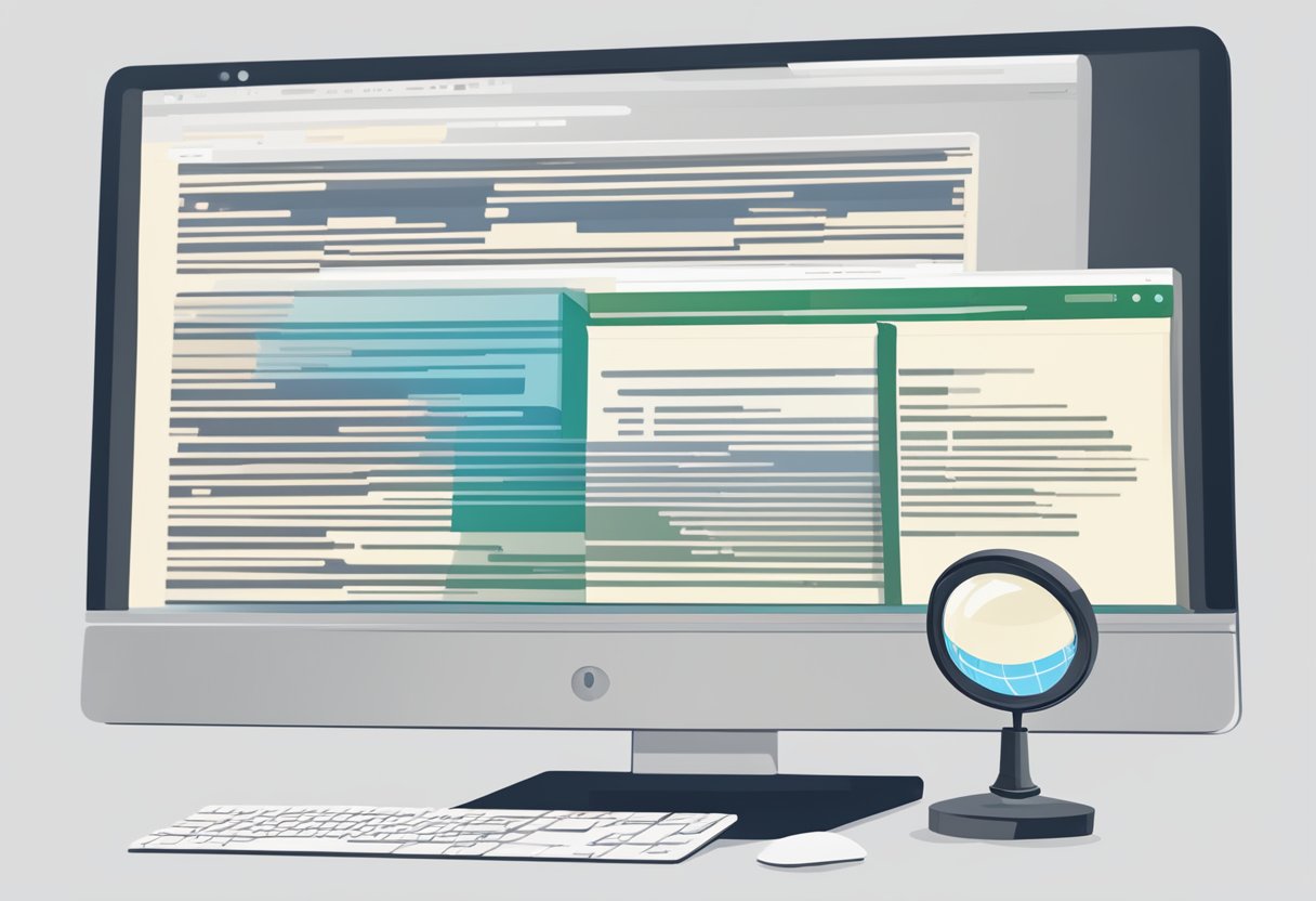 A computer screen split in half, one side displaying HTML code and the other displaying XML code. A magnifying glass hovers over the two sections, highlighting the differences