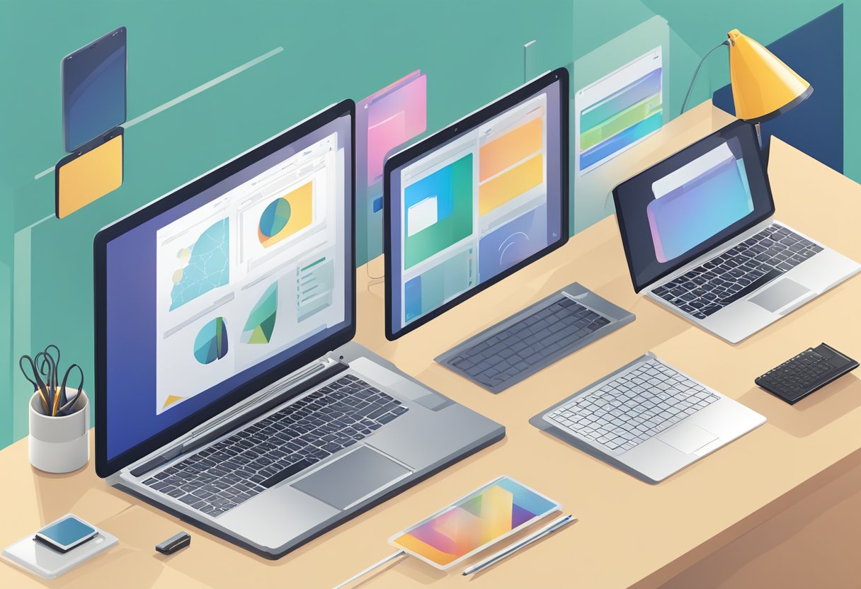 A laptop with a sleek, modern design sits on a clean, uncluttered desk, surrounded by a variety of devices and tools commonly used in UX design