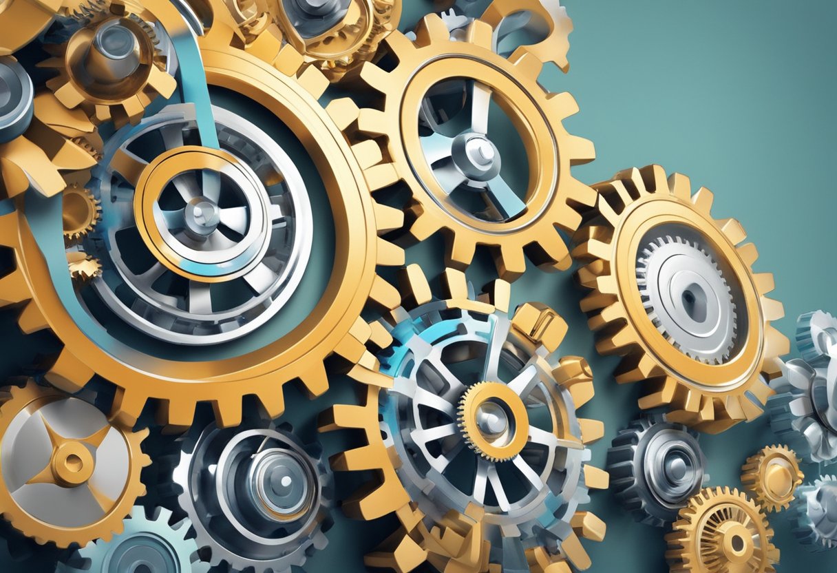 A series of interconnected gears turning smoothly, symbolizing the various components of a successful website working together in harmony