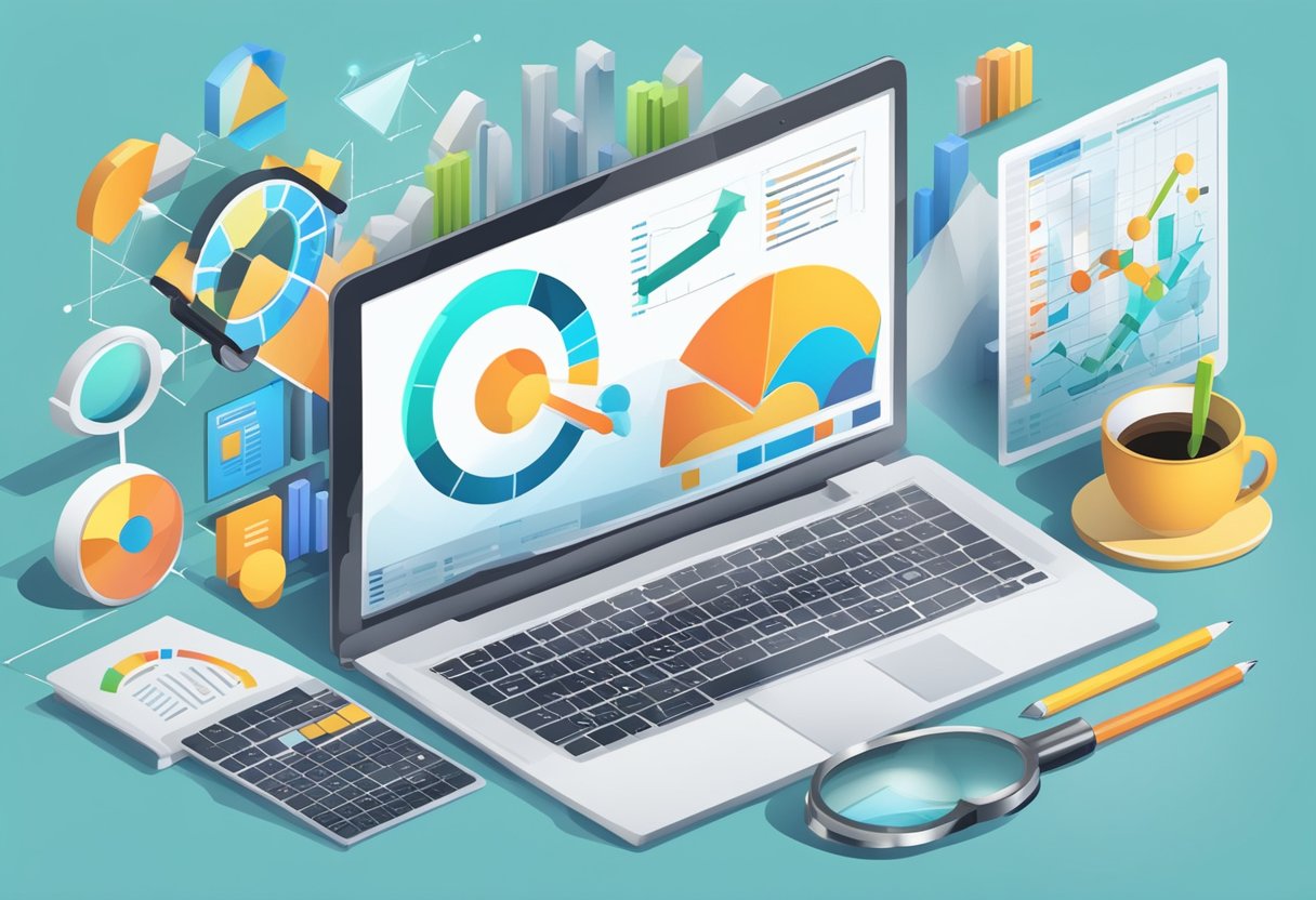 A laptop surrounded by various analytics tools and charts, with a magnifying glass highlighting a successful SEO keyword