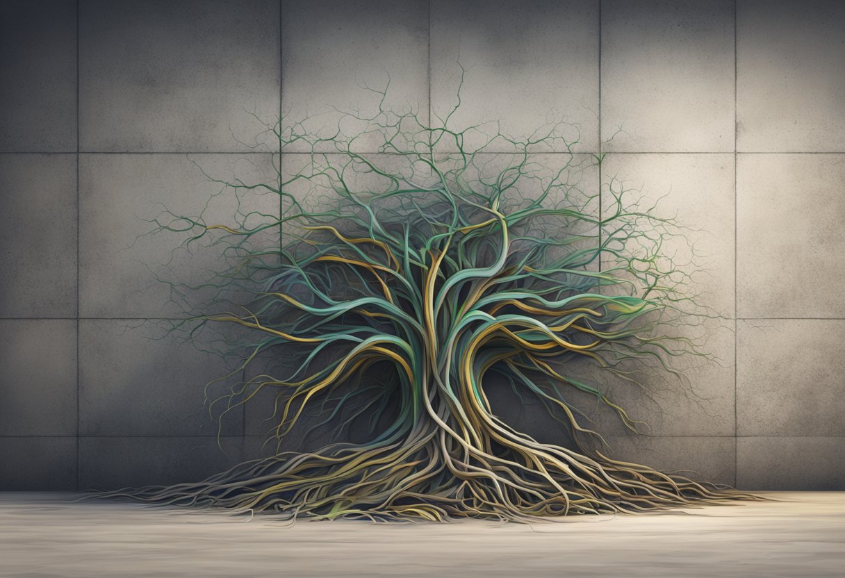 A tangled mass of roots bursting through a concrete wall, symbolizing the breaking through of creative blocks