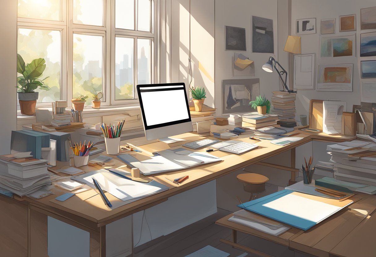 A cluttered desk with scattered art supplies and a blank canvas. A beam of sunlight shines through the window, illuminating the workspace