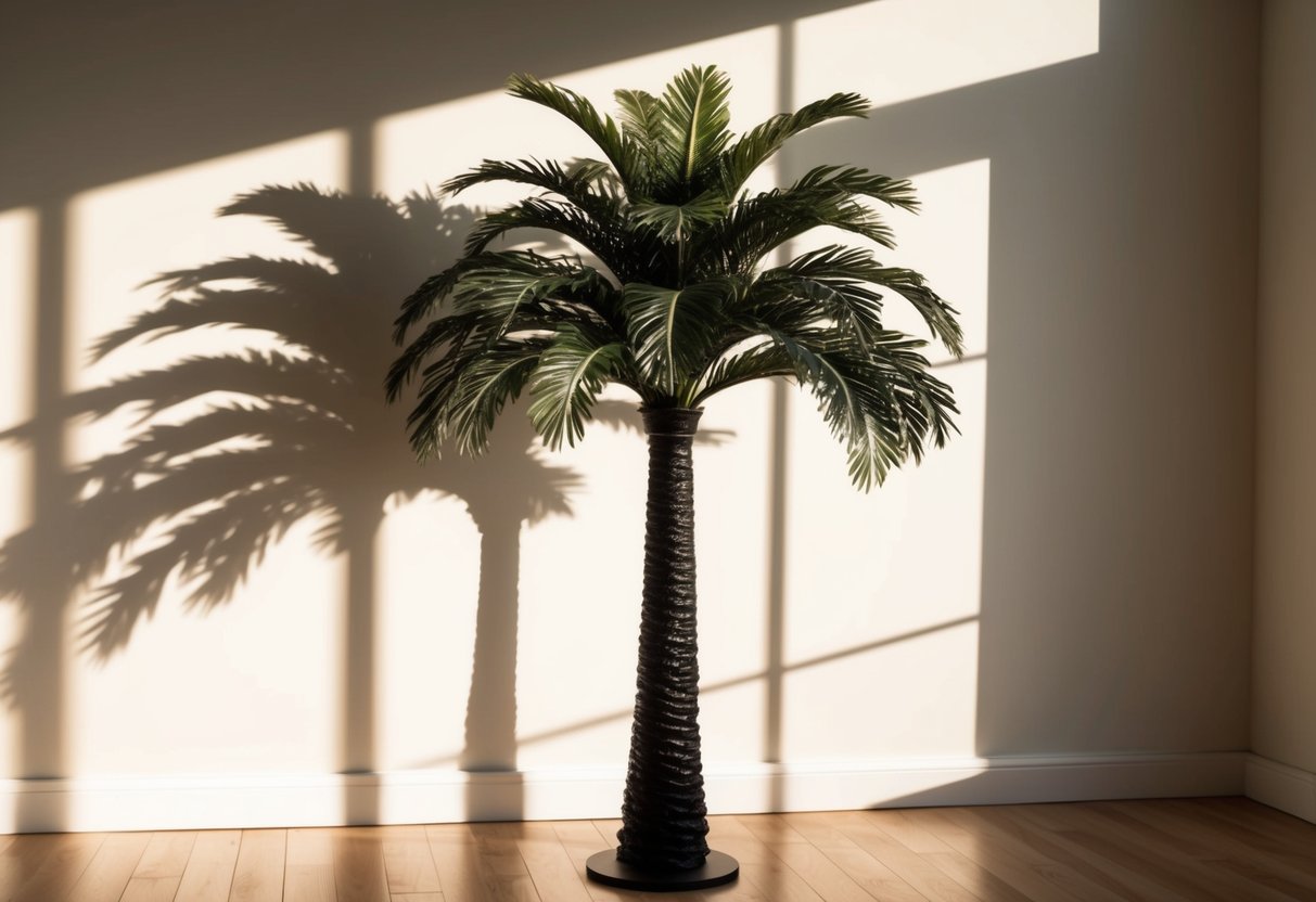 A faux indoor palm tree stands in a sunlit room, casting shadows on the wall