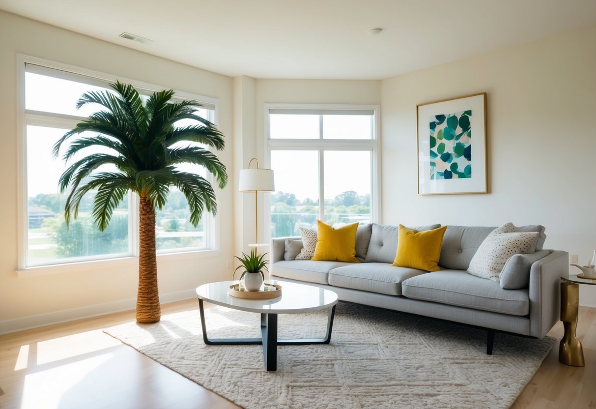 A bright, airy living room with large windows, a cozy sofa, and a modern coffee table. In the corner sits a lifelike faux palm tree, adding a touch of tropical elegance to the space