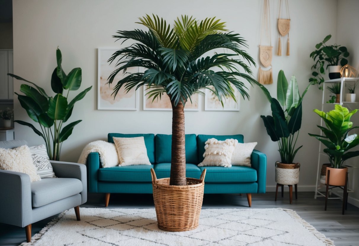 A living room with a faux palm tree in a wicker basket, surrounded by indoor plants and styled with bohemian decor