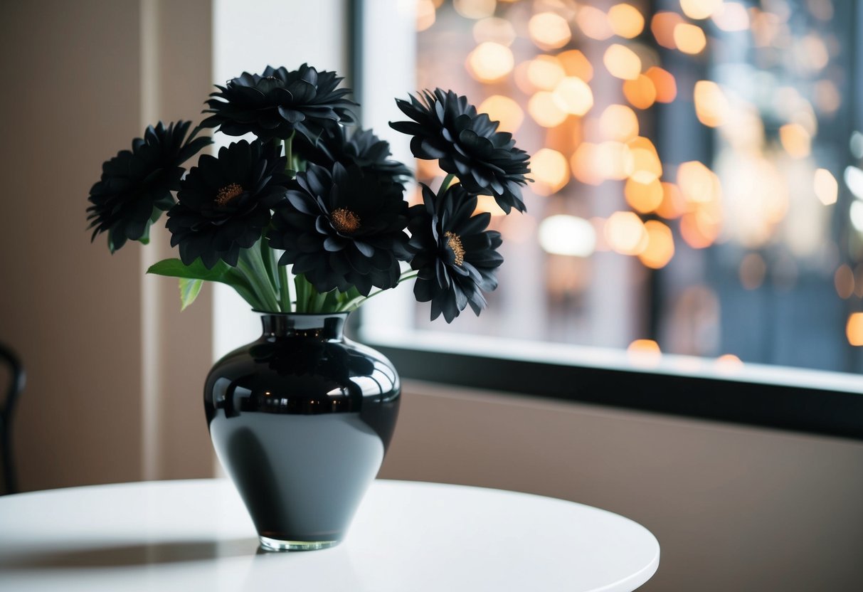 A vase filled with black fake flowers on a white table