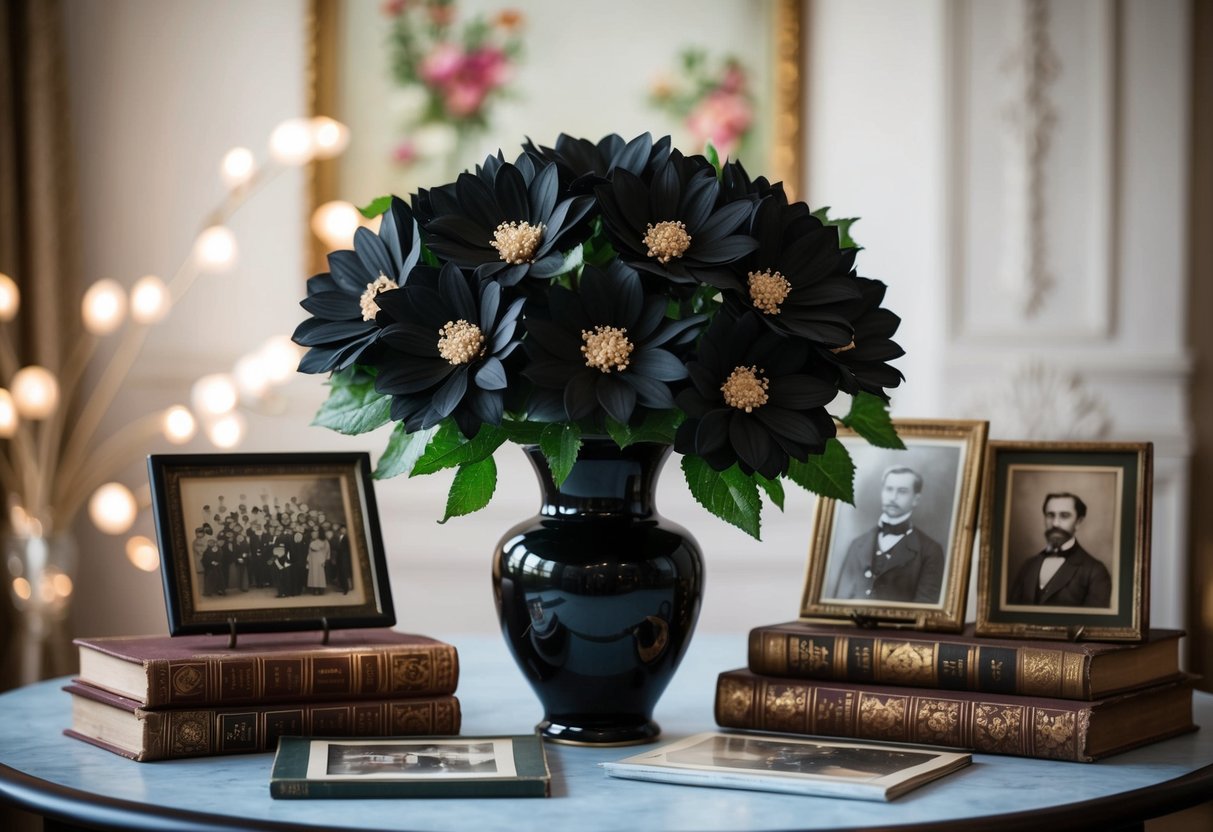 A table adorned with a vase of black artificial flowers, surrounded by vintage photographs and antique books on the history of floral replicas