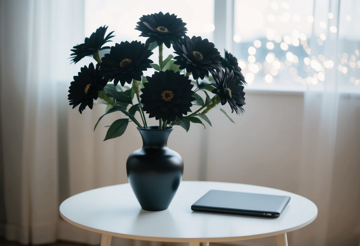 A vase filled with black artificial flowers on a white table