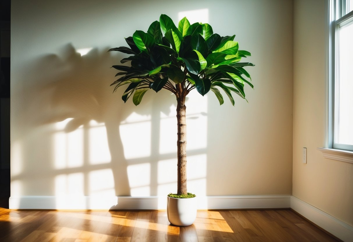 A faux ficus tree stands in a sunlit corner, its glossy leaves casting shadows on the floor