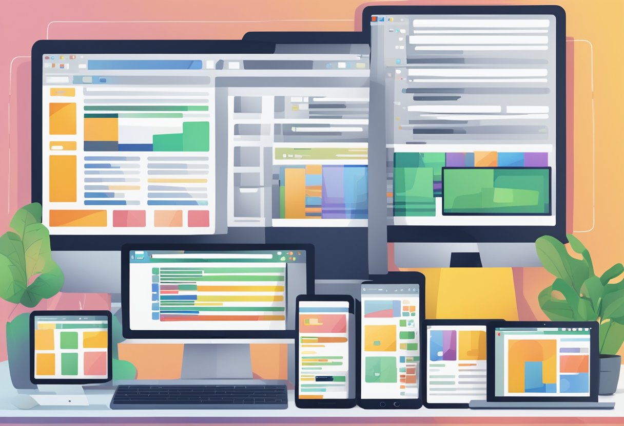 A computer screen displaying a comparison of WebP image format with traditional formats, surrounded by various devices and web-related icons