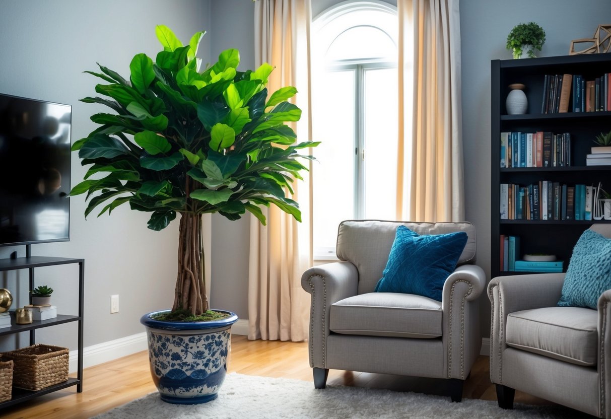 A living room with a large faux ficus tree in a decorative pot next to a cozy armchair and a bookshelf filled with books and decorative items