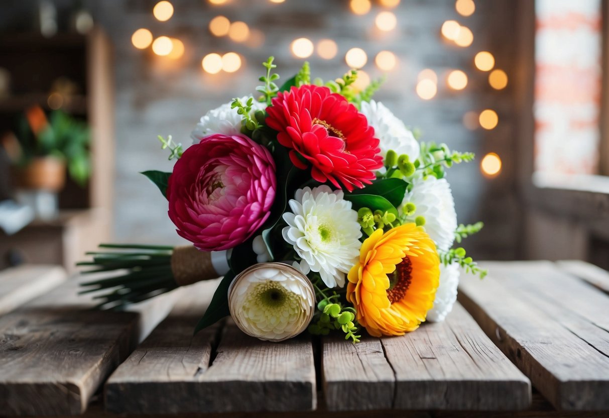 A colorful fake bouquet of flowers sits on a rustic wooden table