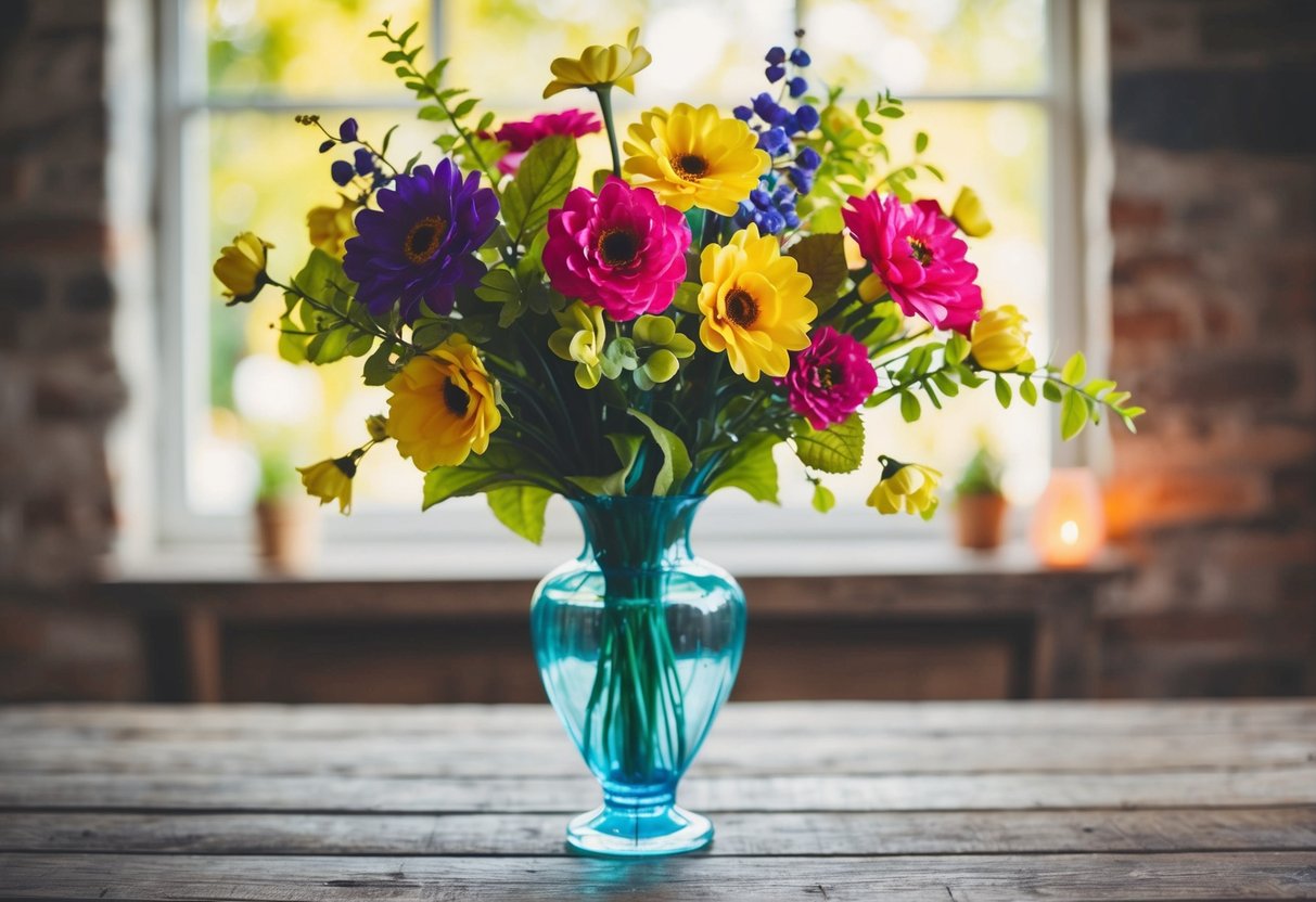 A vase filled with vibrant fake bouquet flowers sits on a rustic wooden table