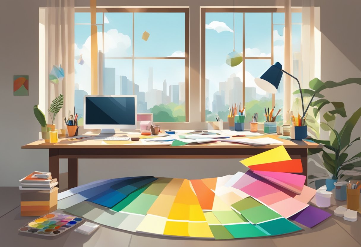 A designer's desk with a color wheel, paint swatches, and various design tools scattered about, with natural light streaming in through a window