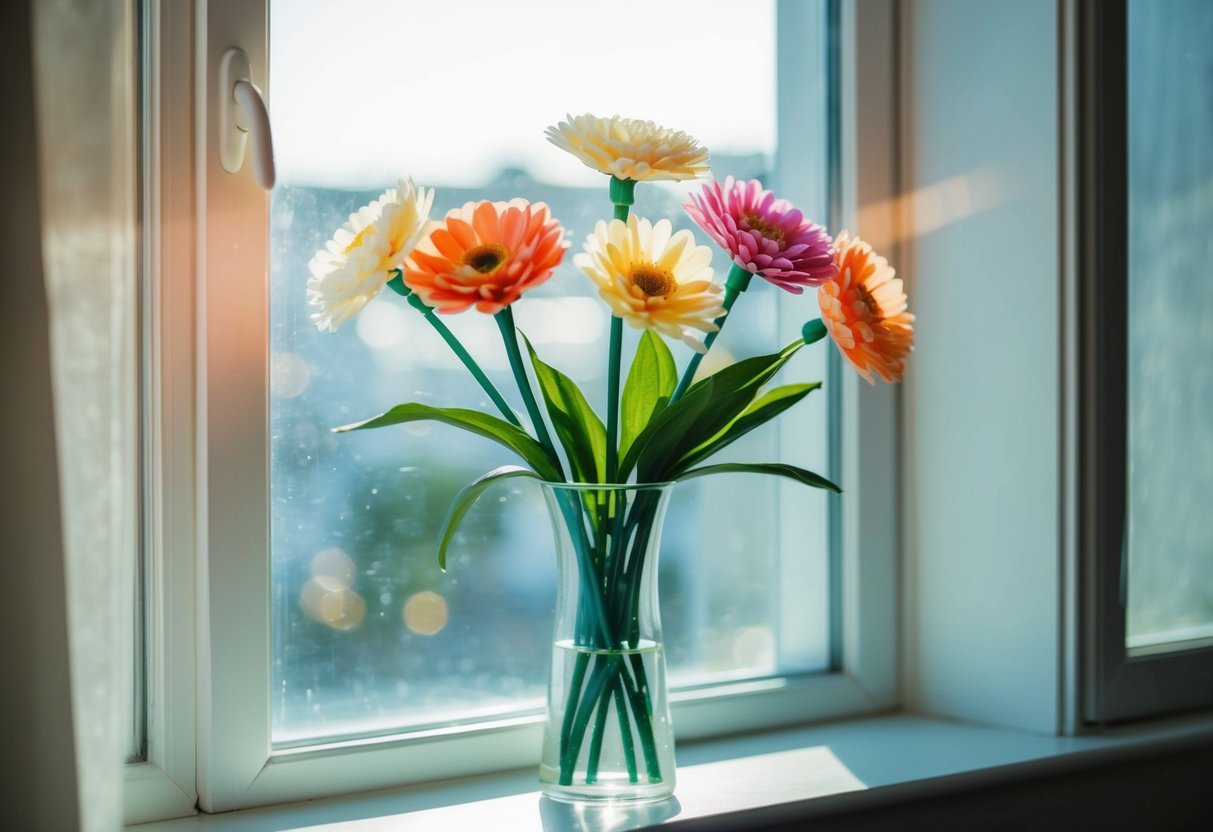 A vase of imitation flowers on a windowsill, with sunlight streaming in