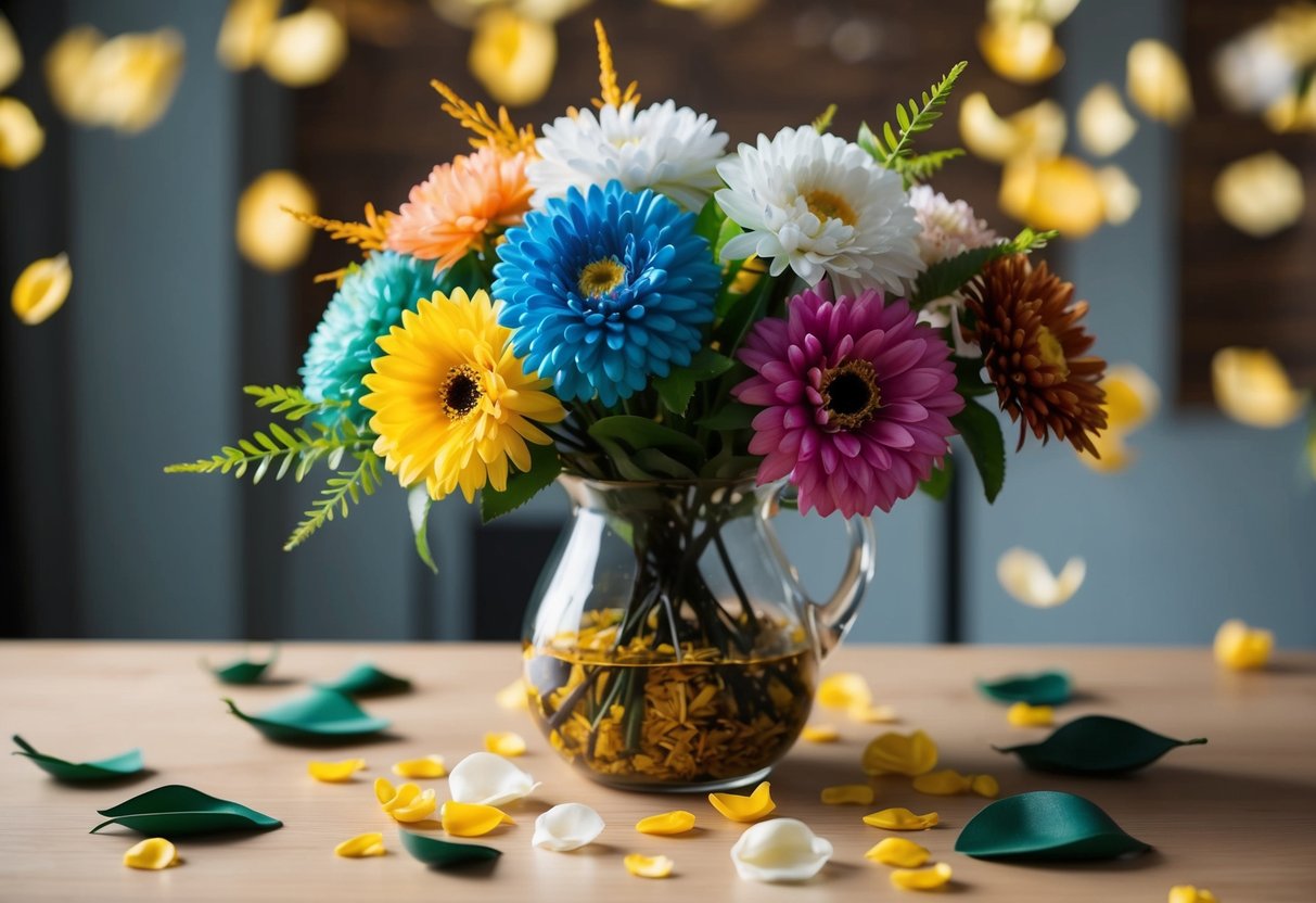 A table with a vase filled with various imitation flowers of different colors and types, surrounded by scattered petals and leaves