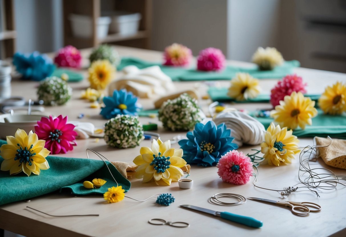 A table scattered with fabric, wire, glue, and paint. Half-finished imitation flowers in various stages of completion