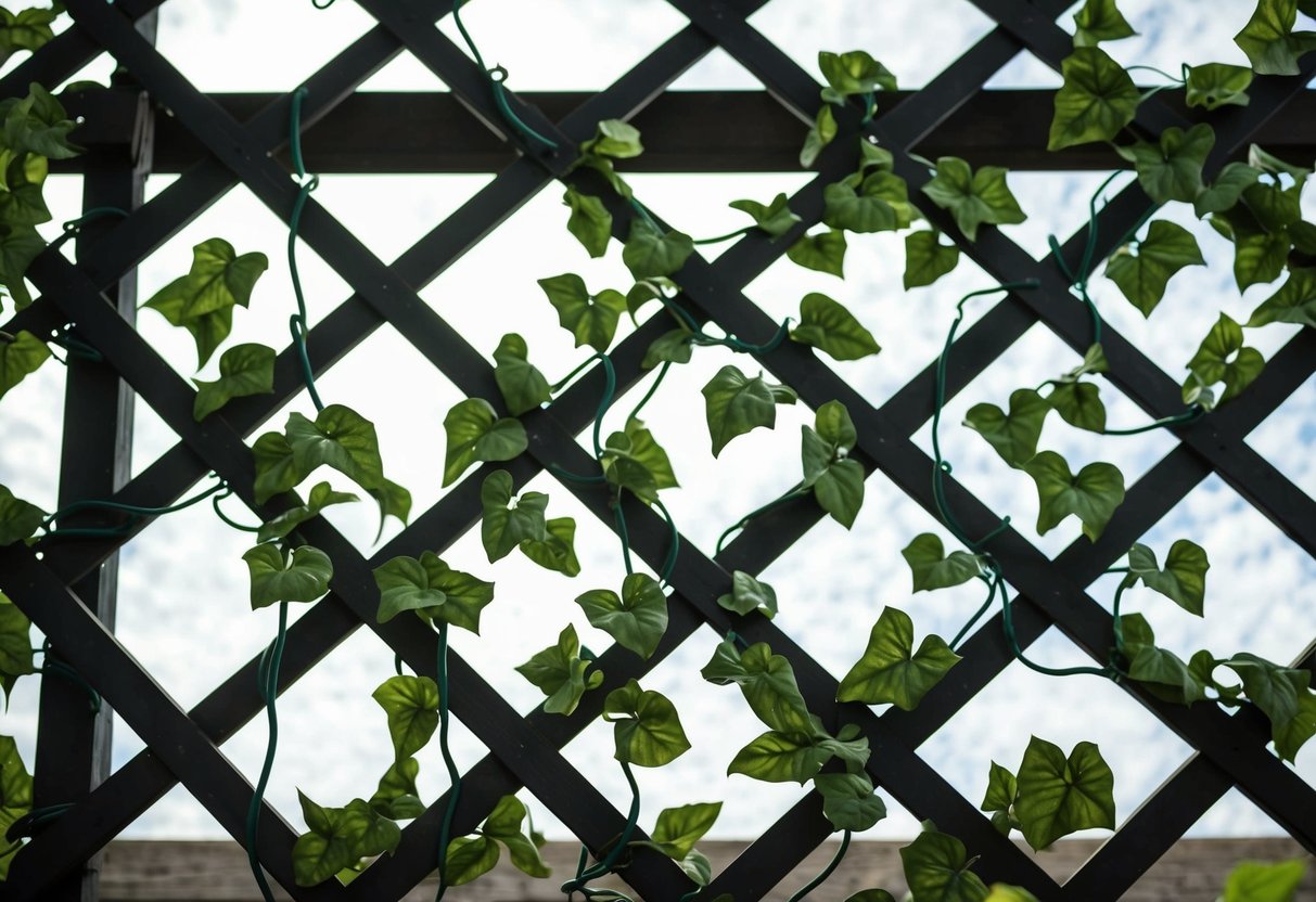 A lattice structure covered in realistic-looking fake vines, winding and intertwining around the crisscrossing wooden or metal framework