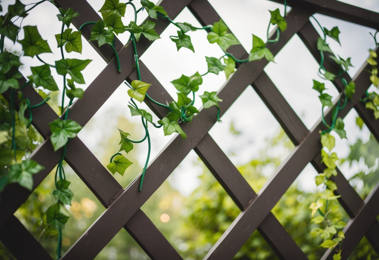 A lattice structure adorned with artificial vines, arranged in a pleasing and naturalistic manner