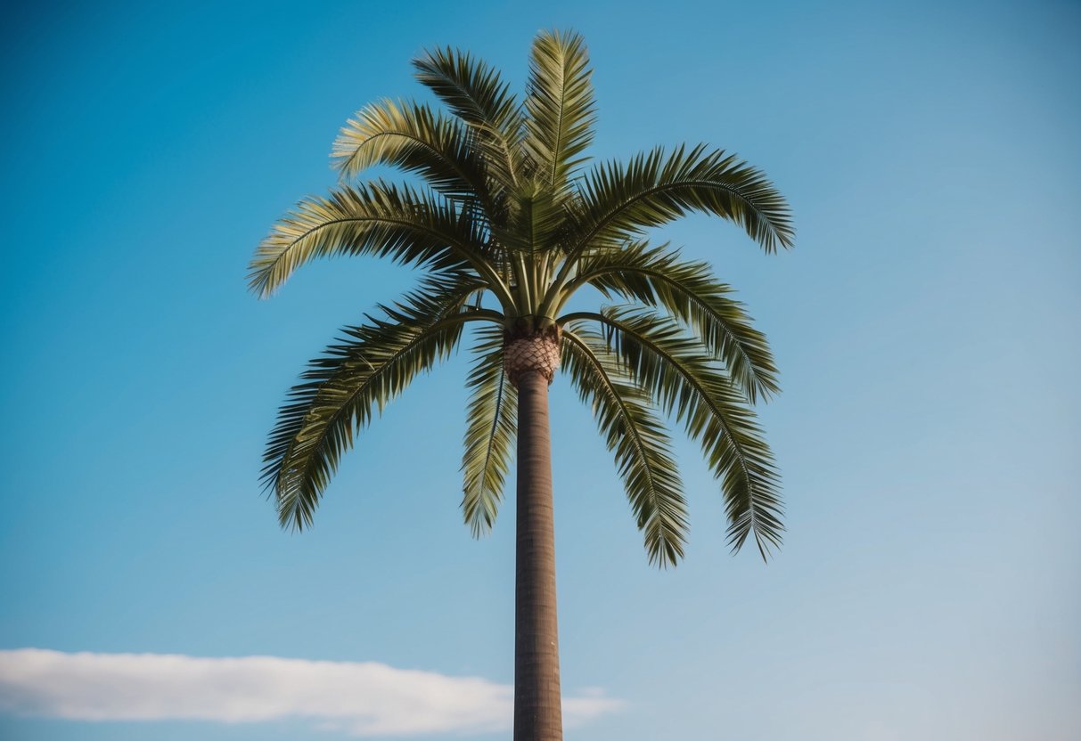 An artificial palm tree stands tall against a clear blue sky, its fronds swaying gently in the breeze