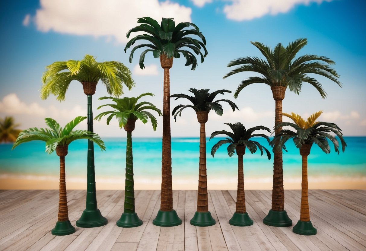 An artistically arranged display of artificial palm trees, varying in size and style, set against a backdrop of a tropical beach