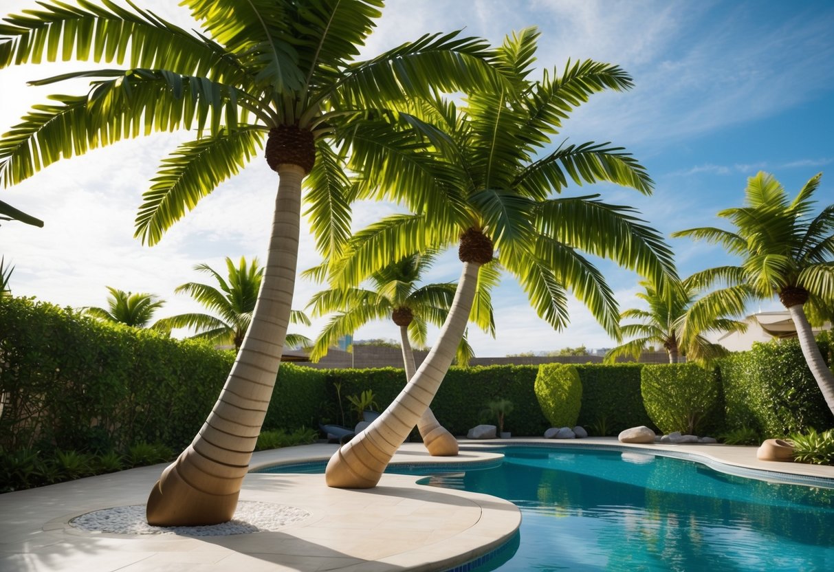 Lush artificial palm trees sway in the warm breeze, casting dappled shadows on a tranquil poolside oasis