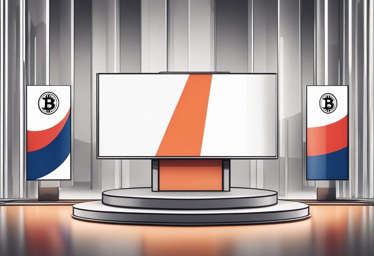 A podium with the Polish flag stands in front of a digital screen displaying Bitcoin's logo and a strategic reserve concept