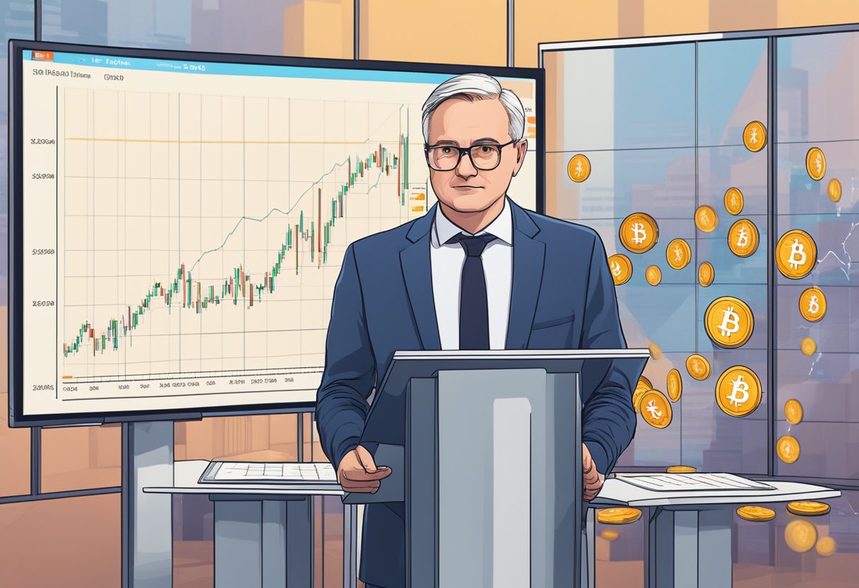 A Polish minister stands at a podium, advocating for Bitcoin as a strategic reserve. Charts and graphs showing economic implications are displayed on a large screen behind him