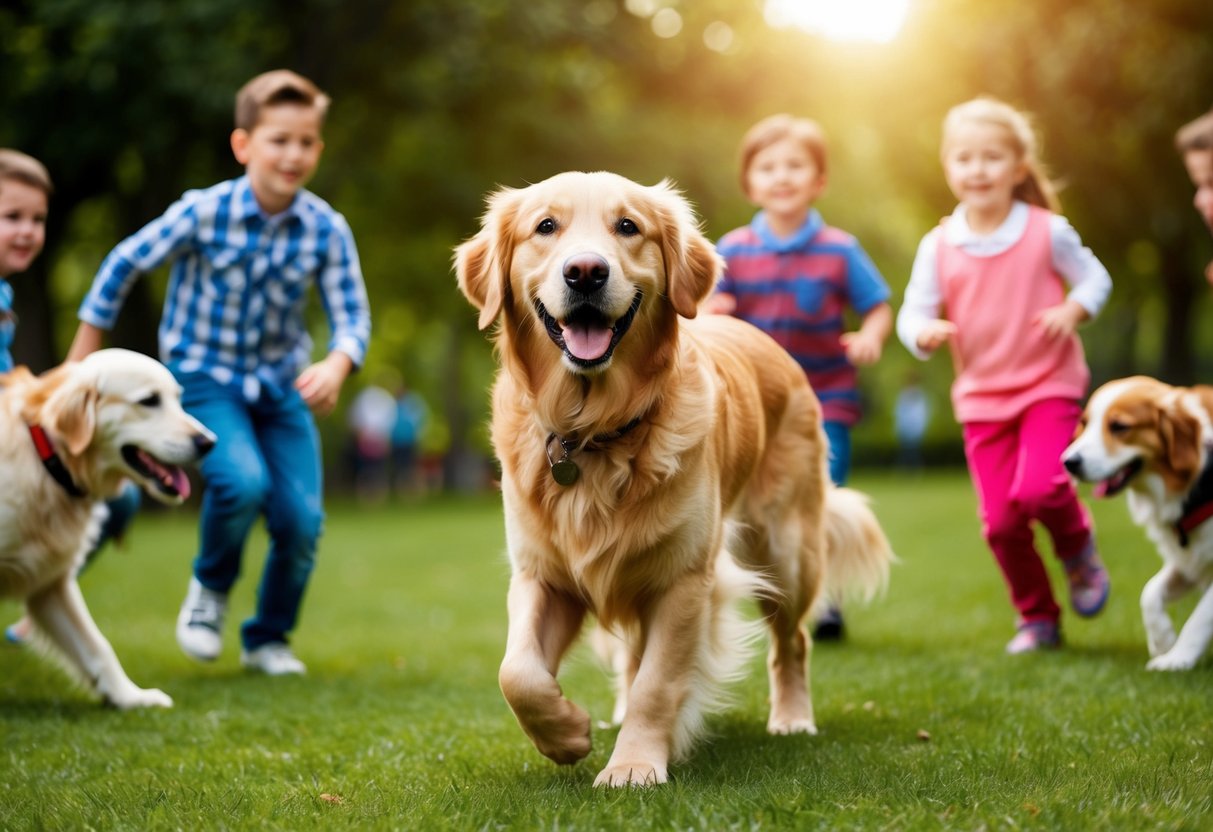 A happy Golden Retriever with a shiny coat playing in a park, surrounded by children and other dogs