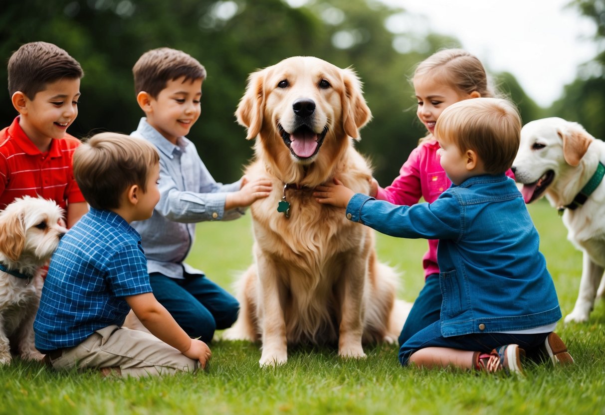 A happy Golden Retriever playing with children, surrounded by other friendly animals, disproving myths about their temperament