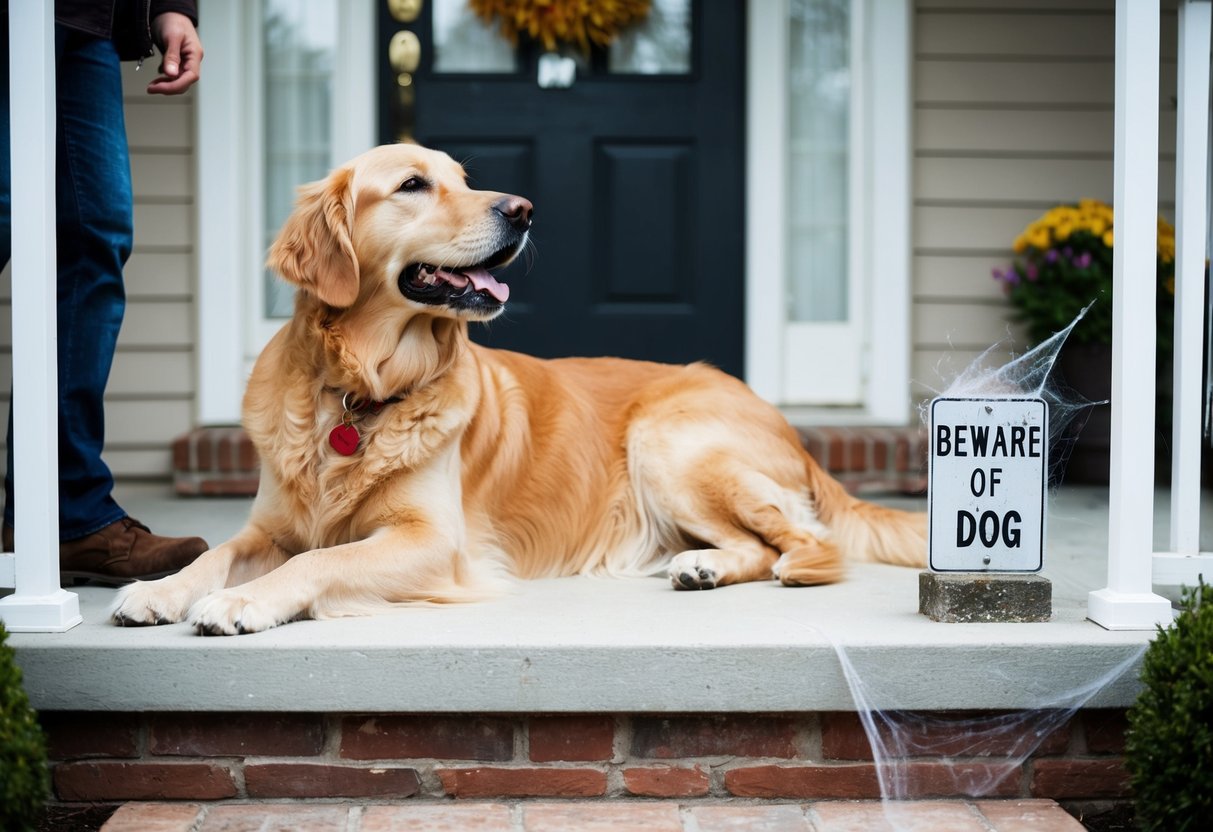 A golden retriever lounges on a front porch, wagging its tail at a friendly visitor. Nearby, a "Beware of Dog" sign is covered in cobwebs