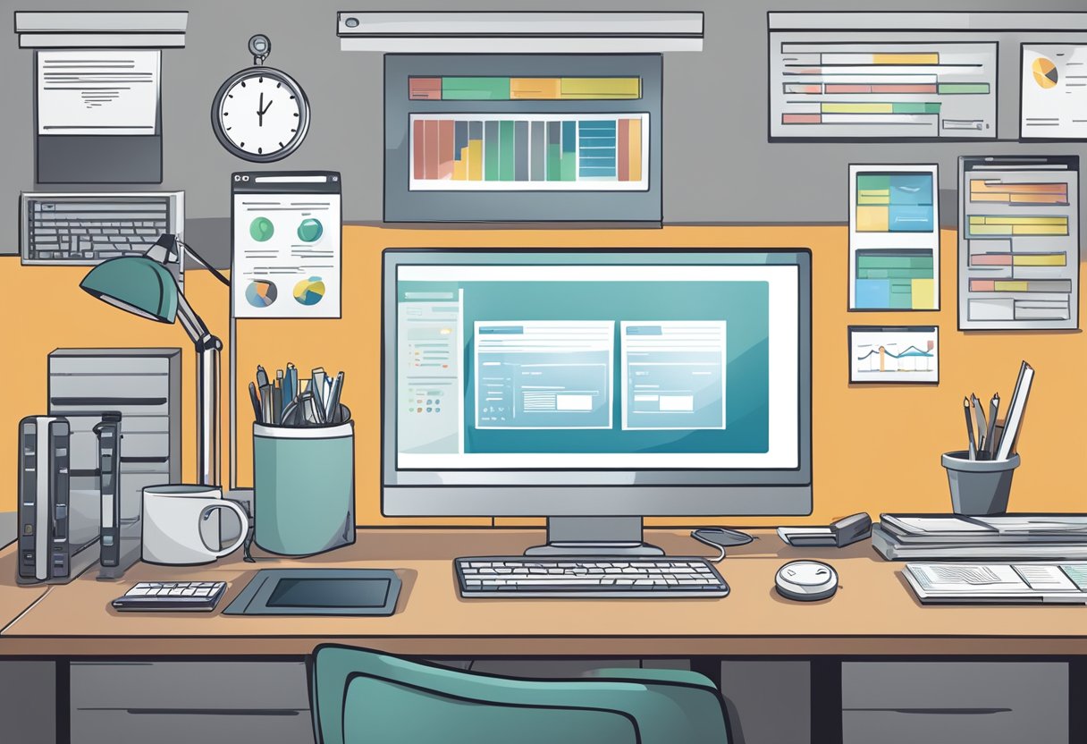 An office desk with a computer screen displaying remote monitoring software. Files and a clock are visible, with a focus on productivity