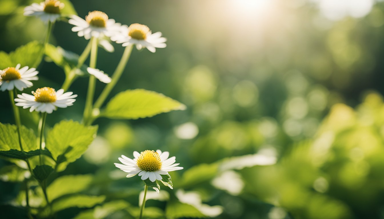 Soft morning light filters through lush greenery in a serene botanical garden, showcasing pregnancy-supportive herbs like red raspberry leaf, nettle, and chamomile