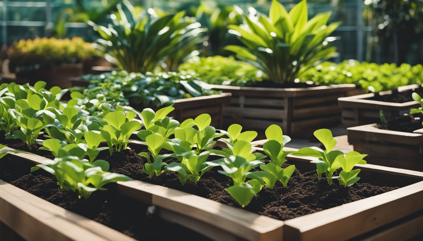 Dasheen taro plants in large pots on a raised bed, surrounded by tropical plants. Rich, moist soil