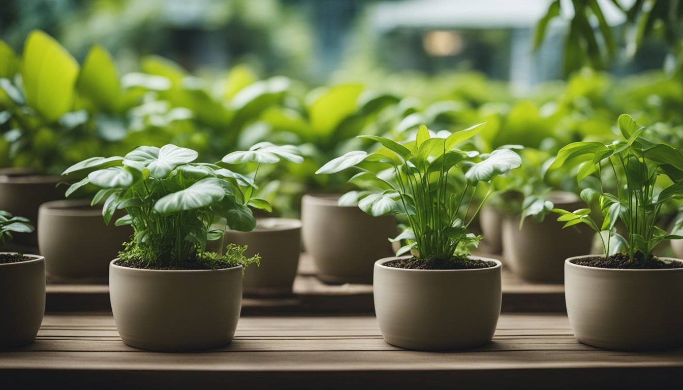 Dasheen taro plants in ceramic pots on raised bed, surrounded by lush tropical plants