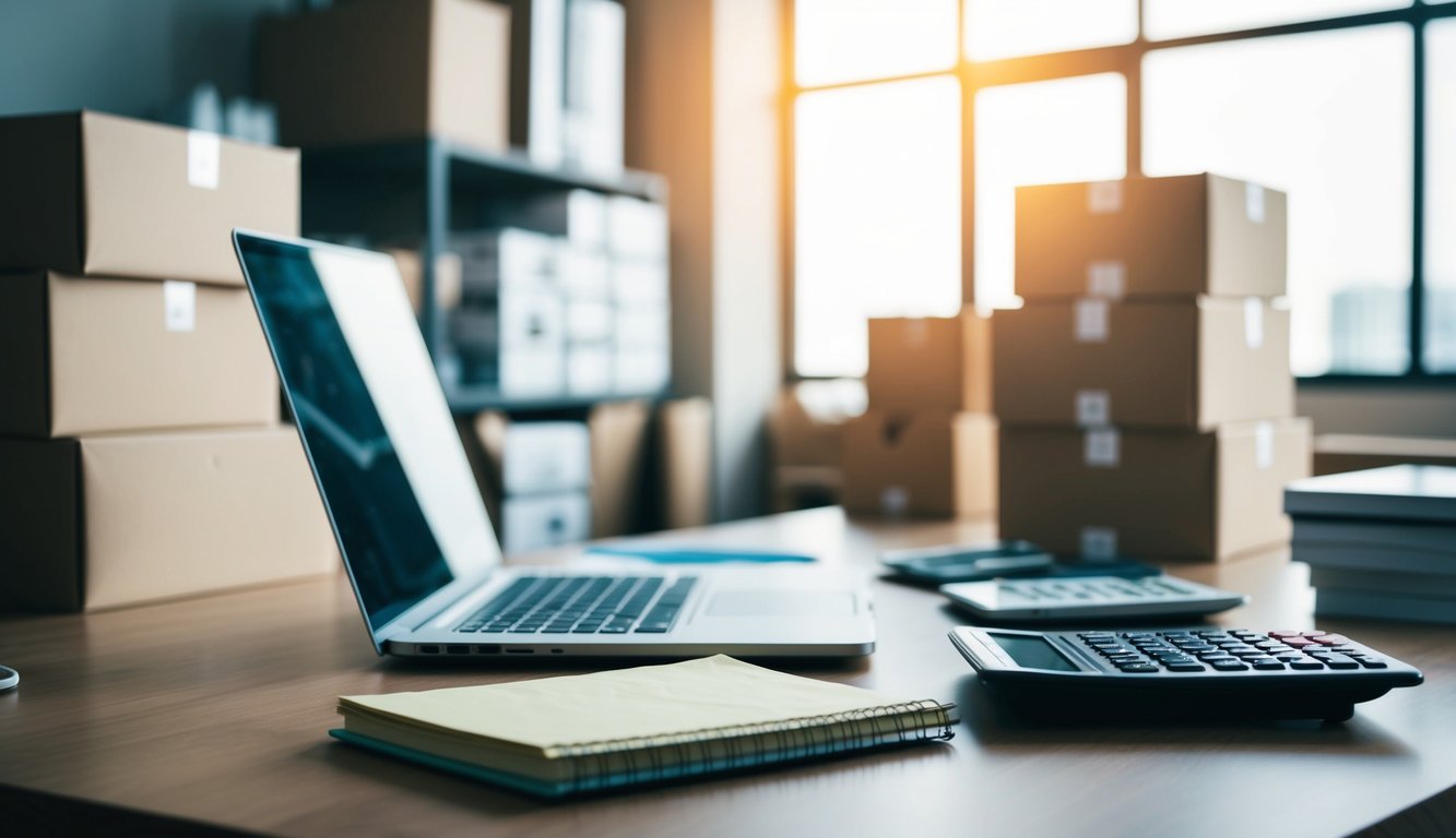 A cluttered desk with a laptop, notebook, and calculator. Boxes of products stacked in the background. A sense of determination and ambition in the air