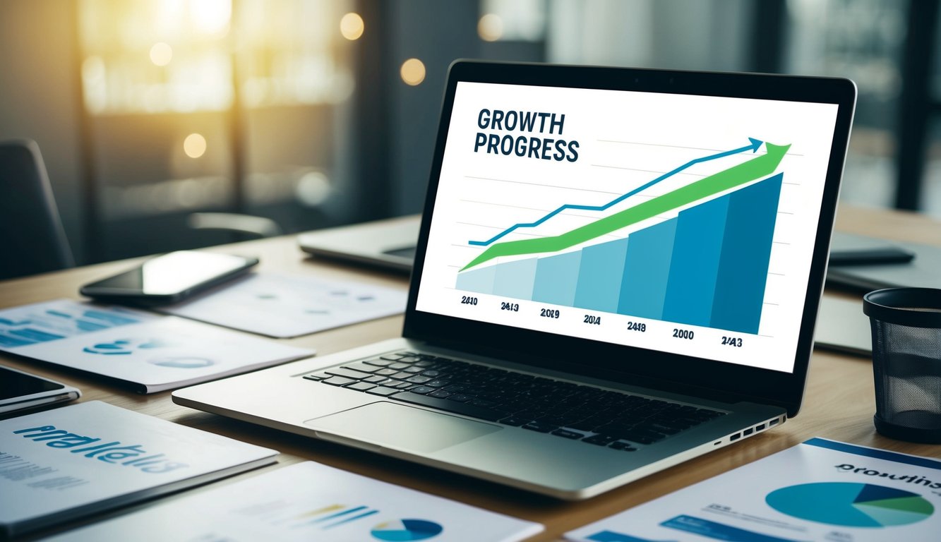 A laptop open on a desk, surrounded by marketing and branding materials. A graph showing growth and progress is displayed on the screen