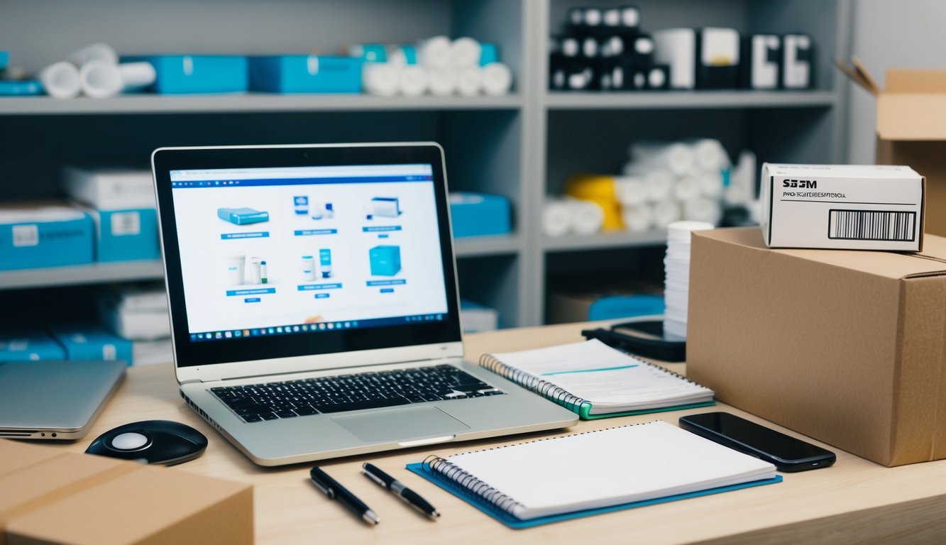 A cluttered desk with a laptop, notebook, and pen. Shelves stocked with various products. A shipping box and packing materials nearby