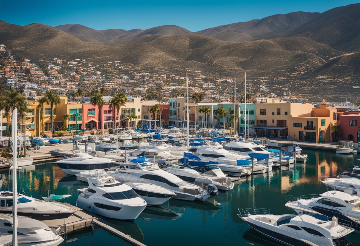 A coastal town with colorful buildings, palm trees, and a marina filled with boats, representing Ensenada real estate