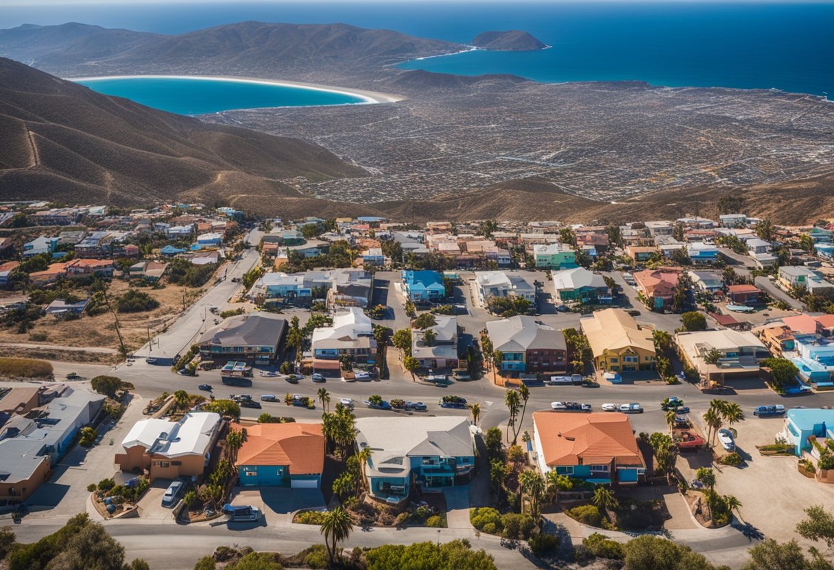 Aerial view of scenic Ensenada with ocean, mountains, and colorful neighborhoods