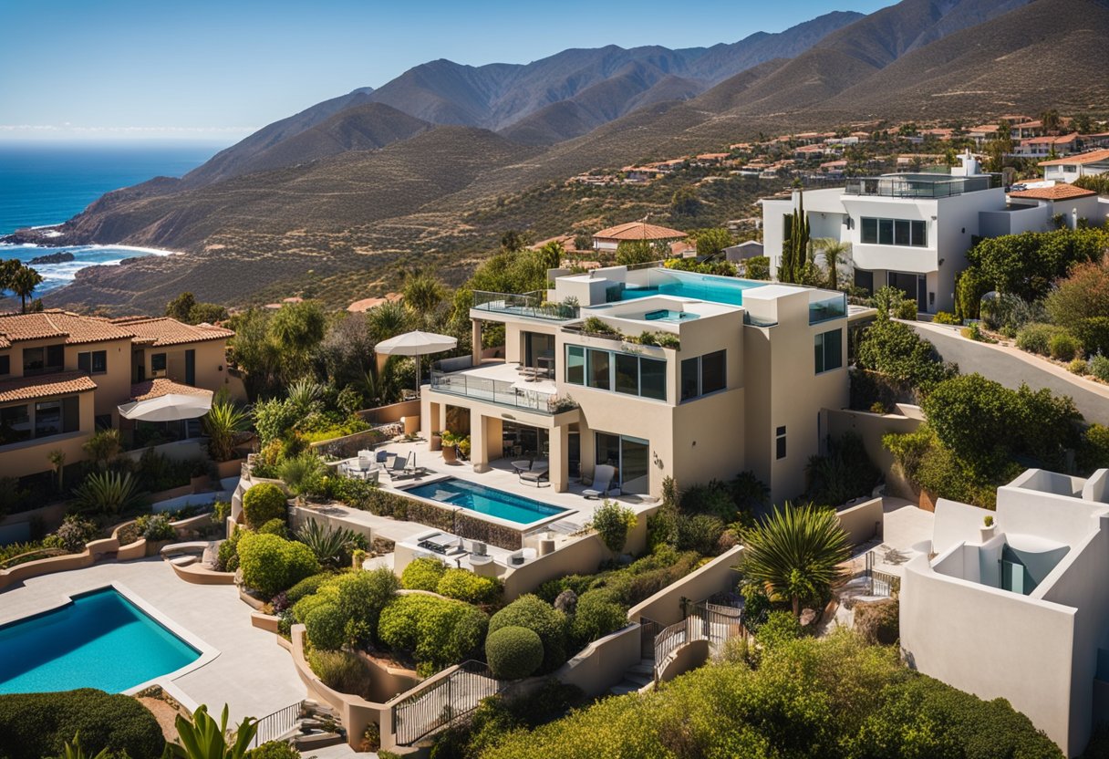 The Ensenada Homes feature a swimming pool, tennis court, and lush landscaping, with a backdrop of the ocean and mountains