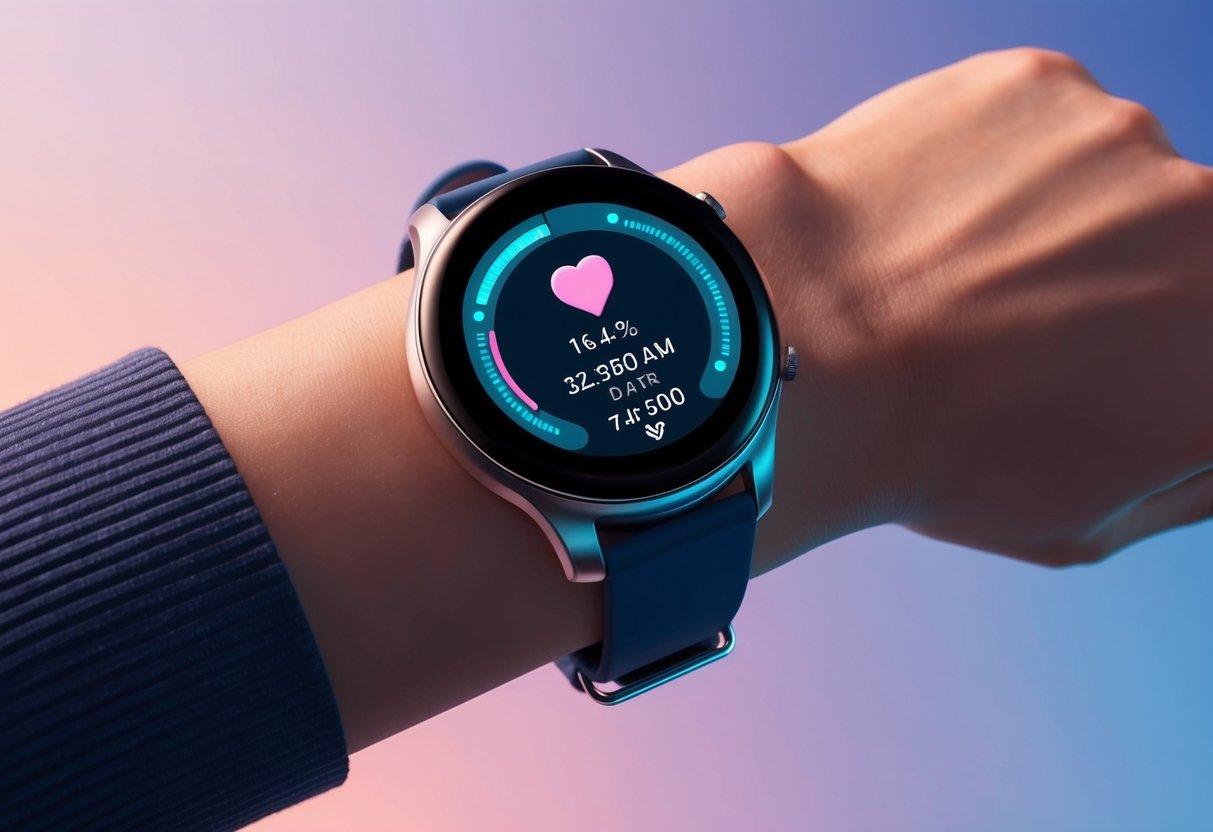 Um smartwatch elegante com tecnologia de IA exibe dados do ciclo menstrual em uma interface futurista.