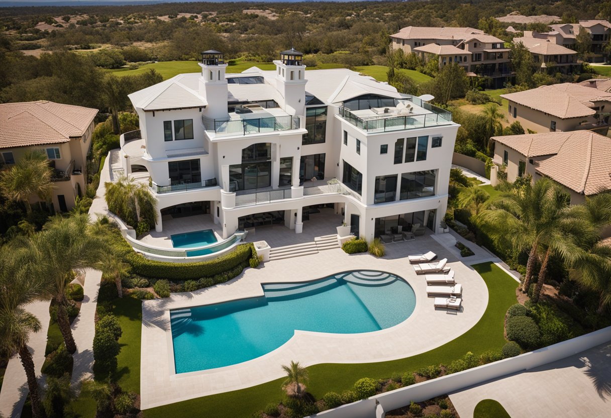 A drone hovers above a luxurious investment property, capturing stunning aerial views and showcasing the property's unique features and amenities