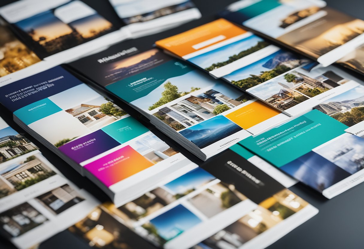 A stack of colorful, eye-catching brochures showcasing different investment properties, surrounded by various marketing materials and tools