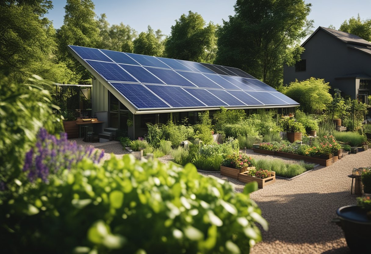 A lush green property with solar panels, a rainwater collection system, and a community garden