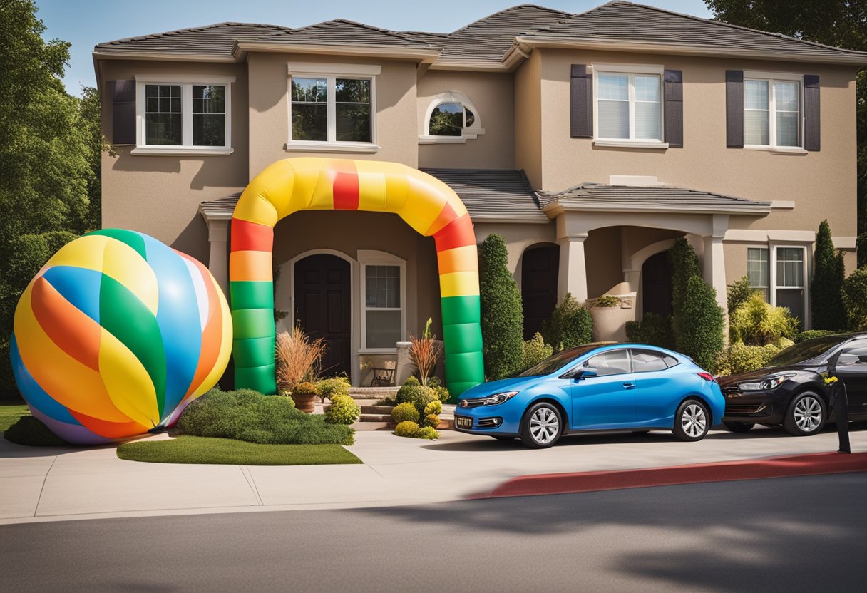 A group of investment properties adorned with eye-catching, unconventional marketing tactics such as giant inflatables, striking signage, and attention-grabbing displays