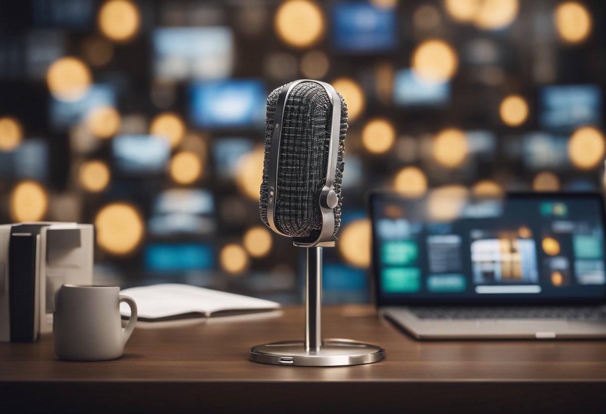 A microphone surrounded by real estate symbols and investment-related items, with a podcast logo in the background