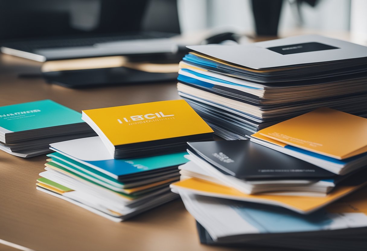 A stack of colorful marketing materials for investment real estate, including brochures, flyers, and business cards, arranged on a sleek modern desk