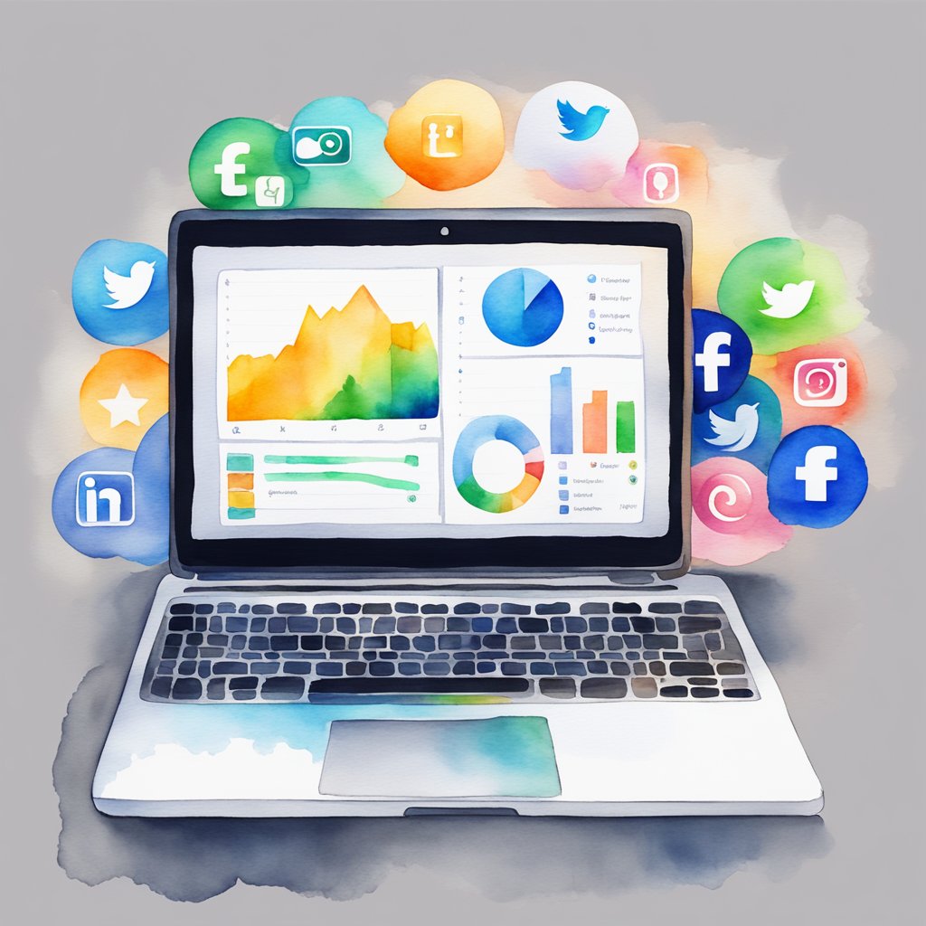 A laptop displaying various social media platforms with a graph showing an increase in brand awareness